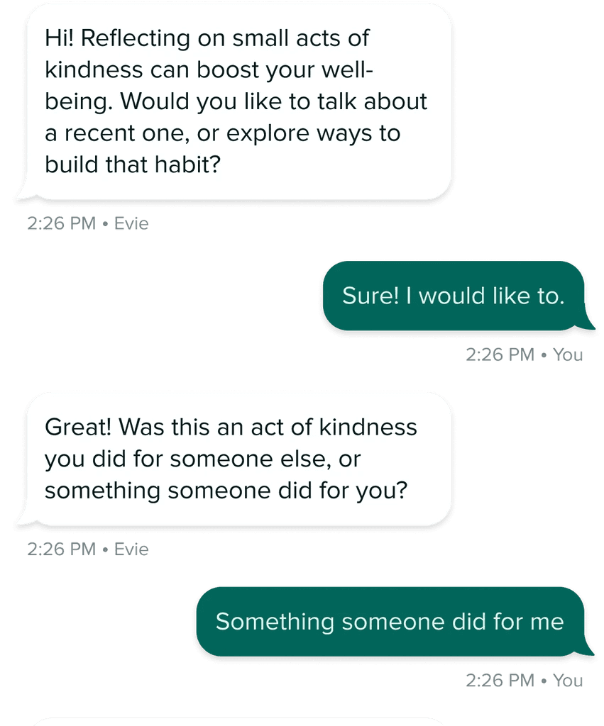Chat bubbles showing Evergreen suggesting a calendar-based check-in