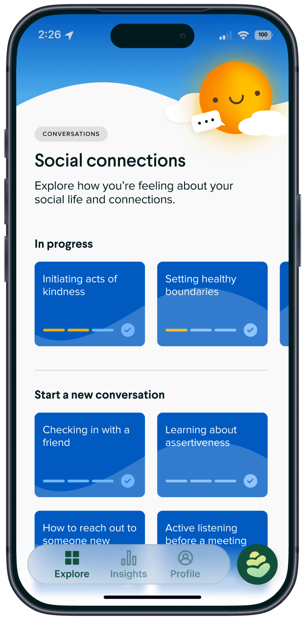 Dialogue catalog screen showing a guided conversation prompt about social connections