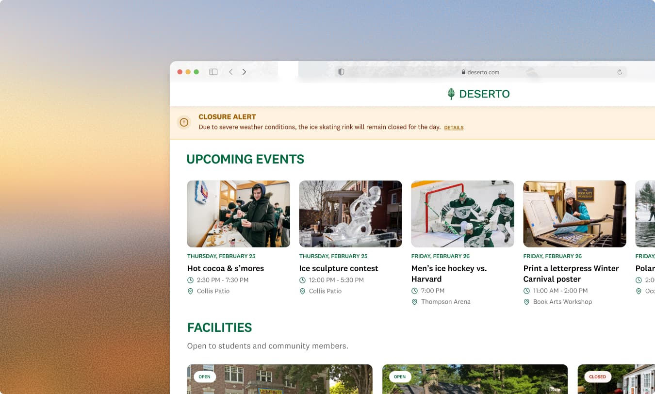 Deserto browser mockup showing upcoming campus events and facilities