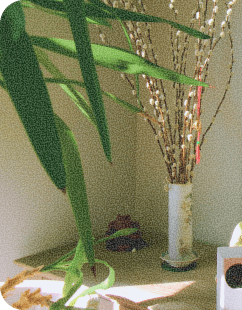 A vase of branches and greenery on a windowsill
