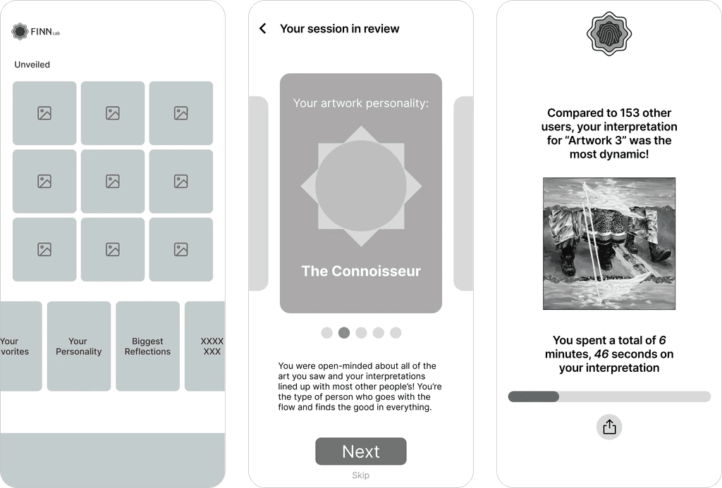 Activity summary wireframes, showing a gallery of viewed artworks, an artwork personality result, and comparison statistics