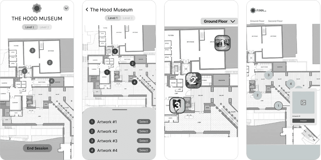 Museum map navigation wireframes, showing artwork selection numbers overlaid on a floor map