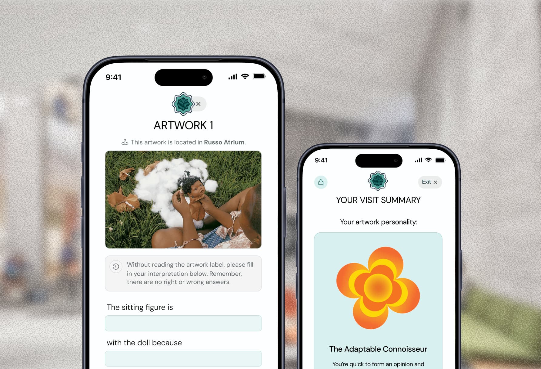 ArtLibs interpretation prompt and visit summary screens on two phones